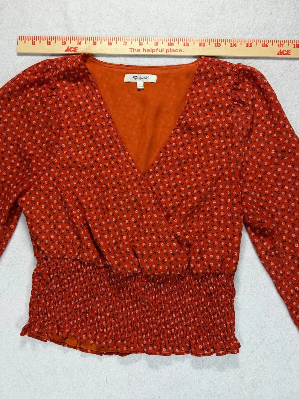 Madewell Red Floral Faux Wrap Wide Elastic Waist Blouse Size Small Puff Sleeve S
